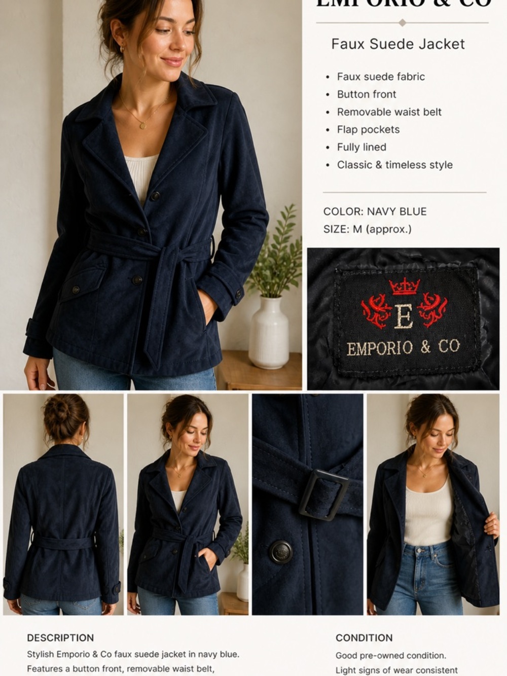 Navy Blue Faux Suede Belted Jacket